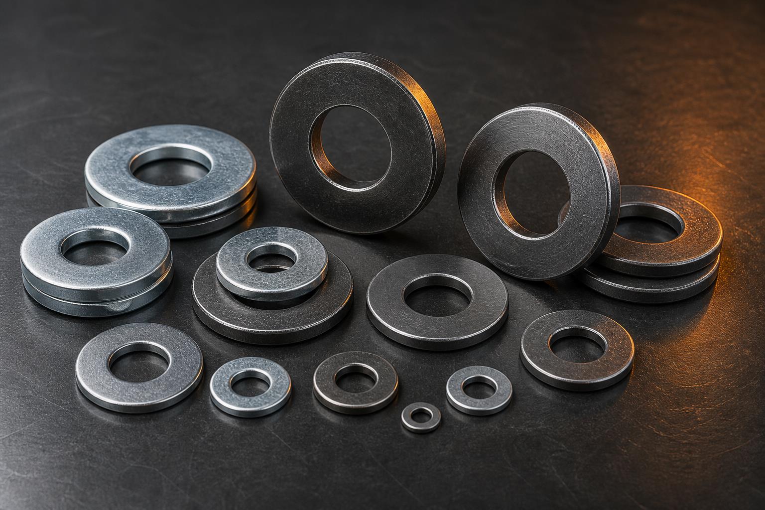 Assorted industrial washers in mild steel and carbon steel